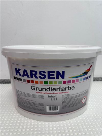 Karsen Grundierfarbe, Gebinde im Regal bei Karsen Baustoff