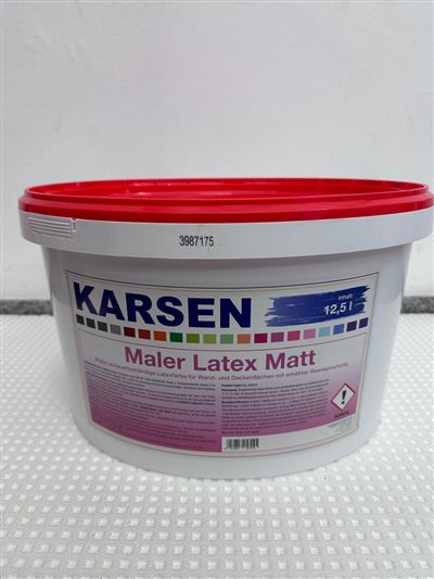 Karsen Maler Latex Matt, Gebinde im Regal bei Karsen Baustoff
