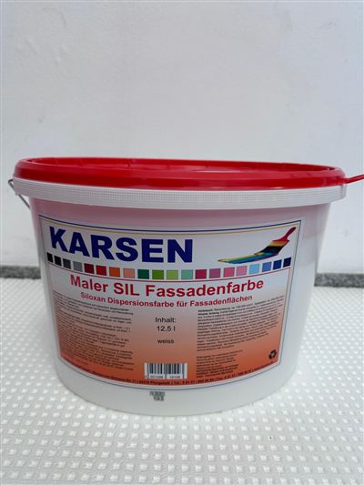 Karsen Maler SIL Fassadenfarbe, Gebinde im Regal bei Karsen Baustoff