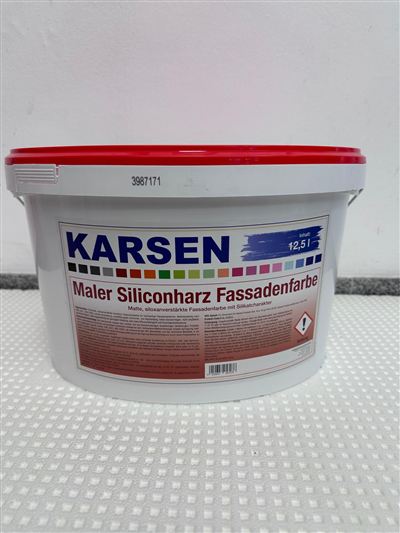 Karsen Maler Siliconharz Fassadenfarbe, Gebinde im Regal bei Karsen Baustoff