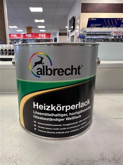 Albrecht Heizkörperlack, Gebinde im Regal bei Karsen Baustoff